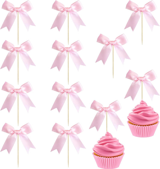 Ephlyn 24Pcs Pink Bow Cupcake Toppers Bow Cake Topper Birthday Decorations Mini Bowknot Cupcake