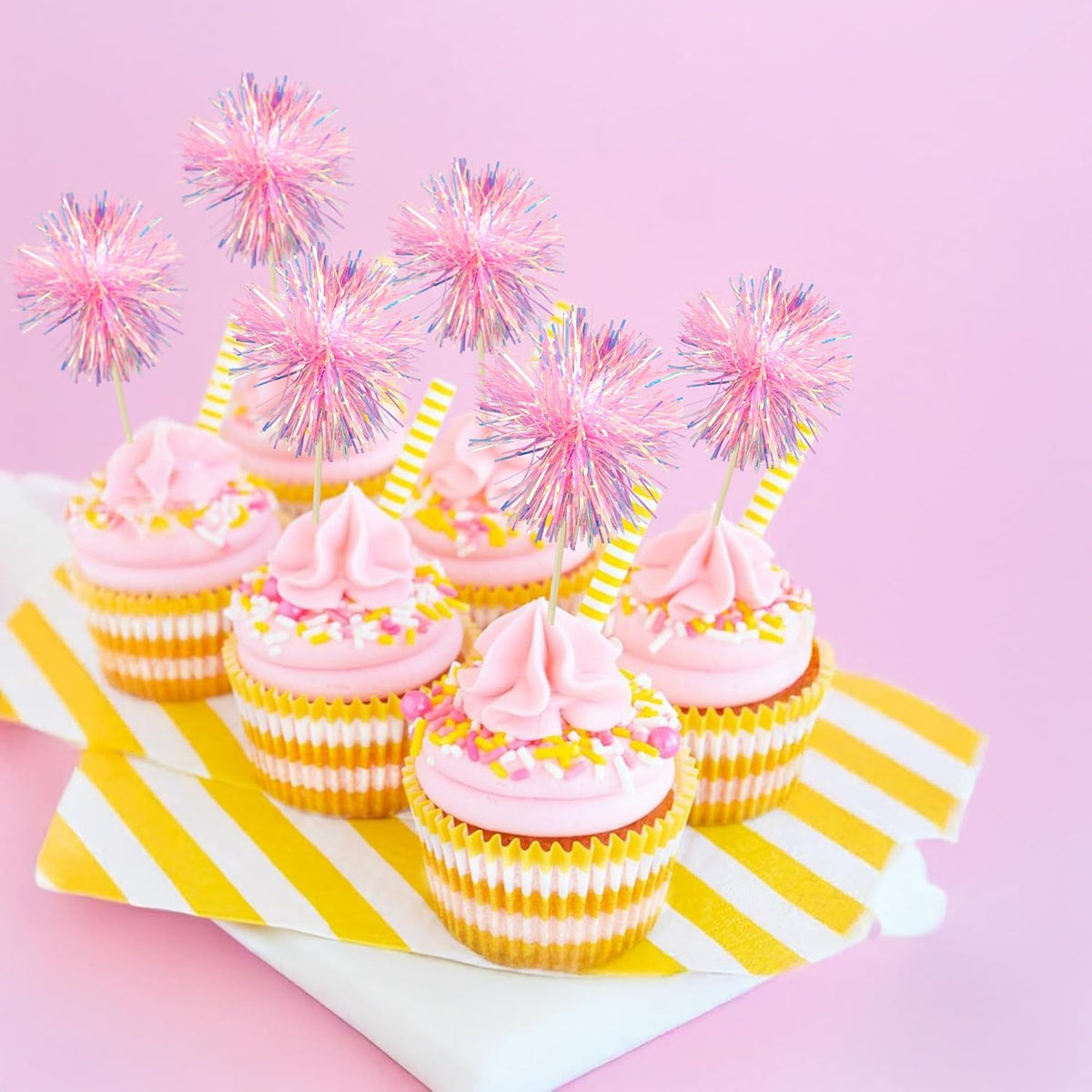 Ephlyn 30Pcs Foil Firework Cupcake Toppers Sparkle Tinsel Cupcake Picks Happy Birthday Cake Toppers