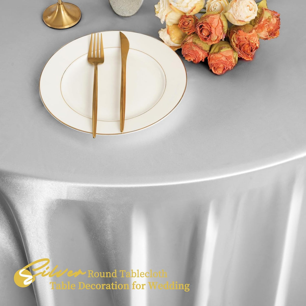 12 Pack 120 Inch Silver Satin Tablecloth - Premium Bright Silky Round Tablecloth Overlay Smooth