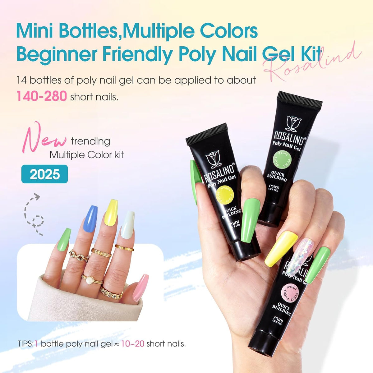 ROSALIND Poly Nail Gel Colors Kit -14 Colors +72 Nail Art Accessories kit Poly Nails Gel Kit