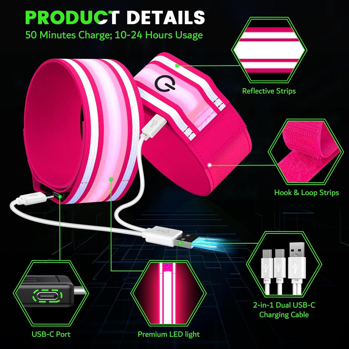 LED Armband for Running(2 Pack),Light Up Arm Bands for Night Walking Running,Rechargeable Lights