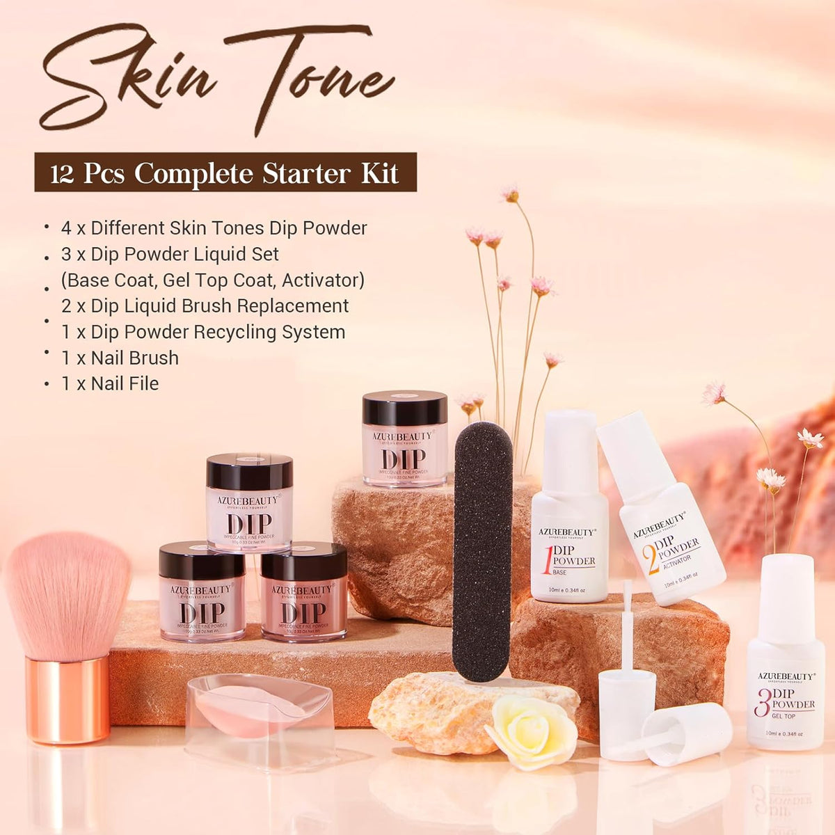 AZUREBEAUTY Dip Powder Nail Kit Starter, All Season Skin Tone Nude Brown 4 Colors Acrylic Dip