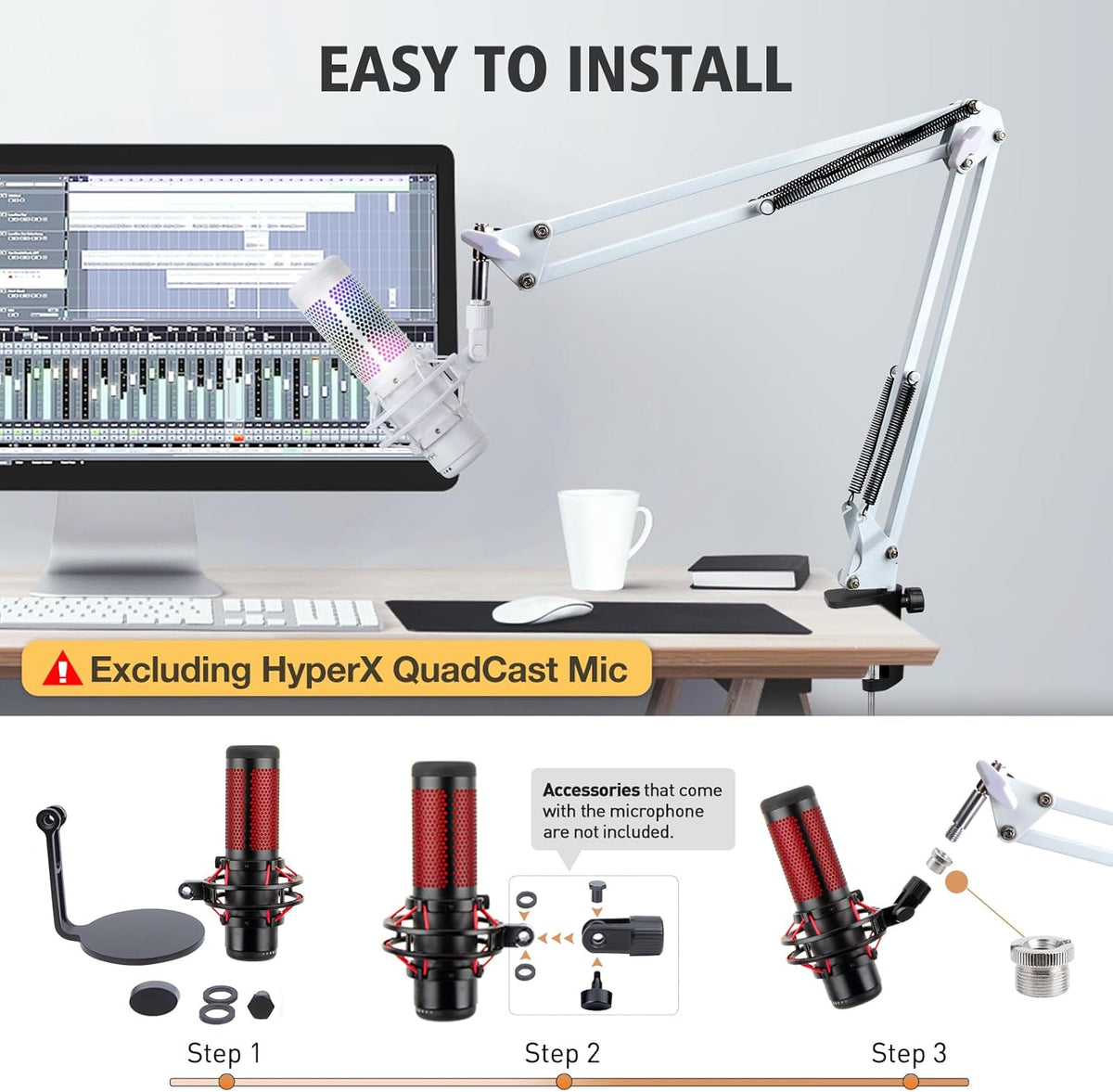 For HyperX QuadCast S White Boom Arm - White Mic Arm Compatible with Hyper x QuadCast, Microphone