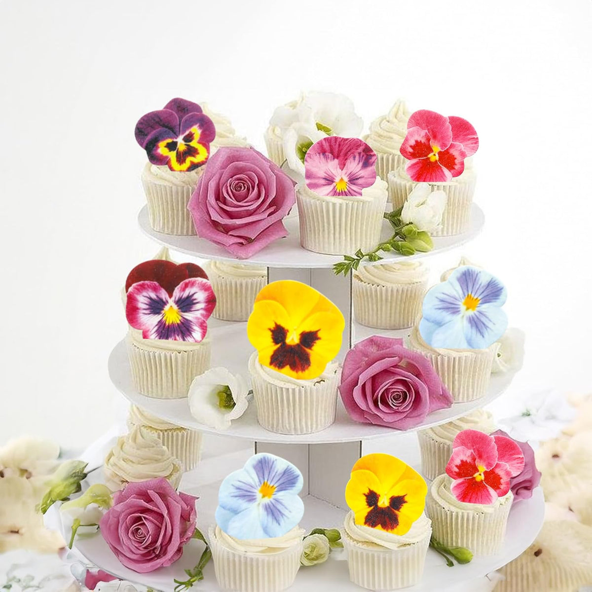 Ephlyn 64Pcs Edible Flower Cupcake Toppers Spring Bridal Engagement Baby Shower Birthday Party