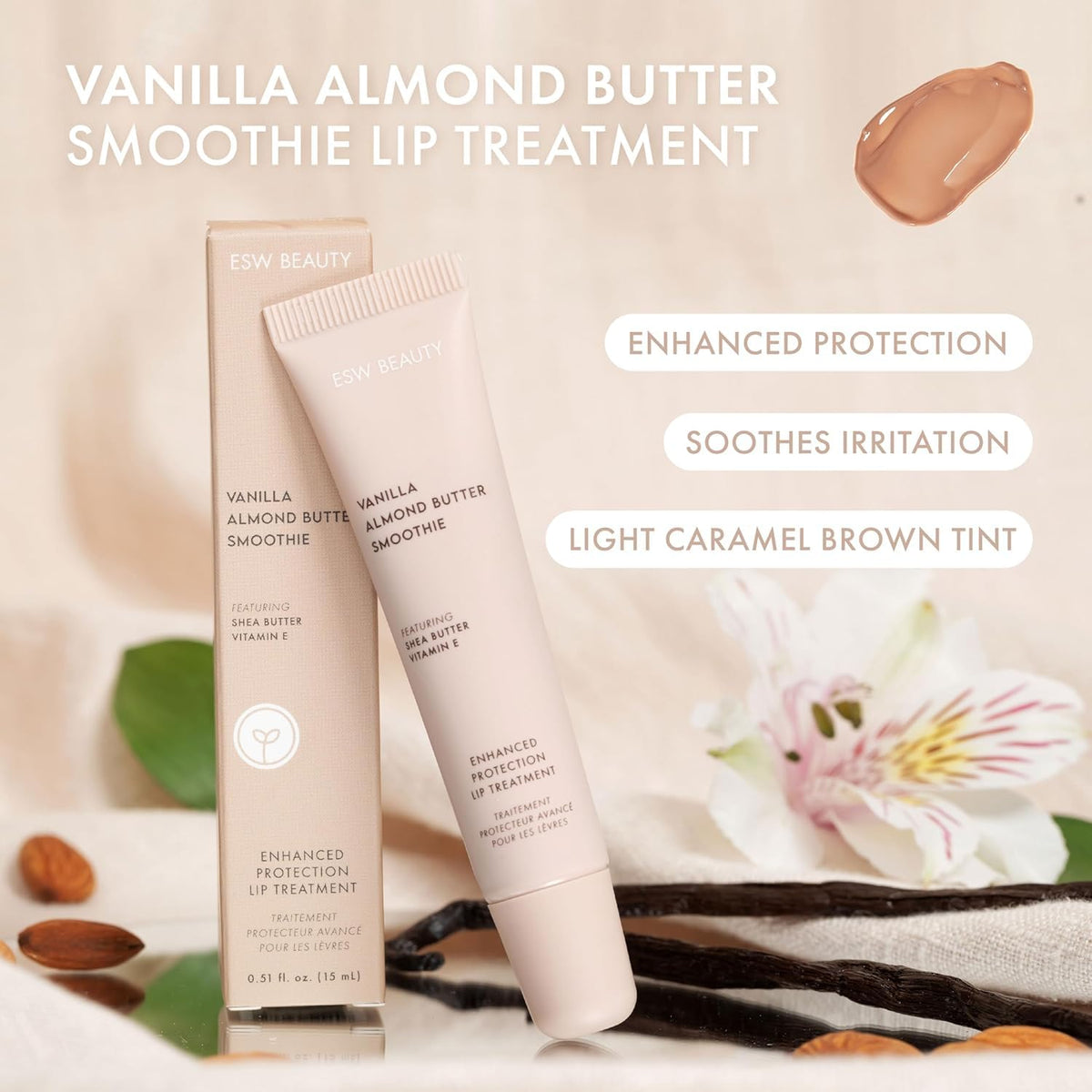 ESW Beauty Vanilla Almond Butter Lip Treatment - Light Caramel Brown Tint with Shea Butter, Vitamin