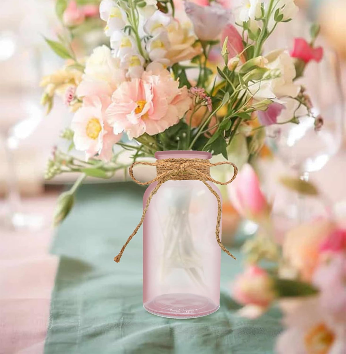 Vintage Glass Flower Vase，6 Pack Pink Farmhouse Glass Centerpiece Vases Mason Jars for Weddings
