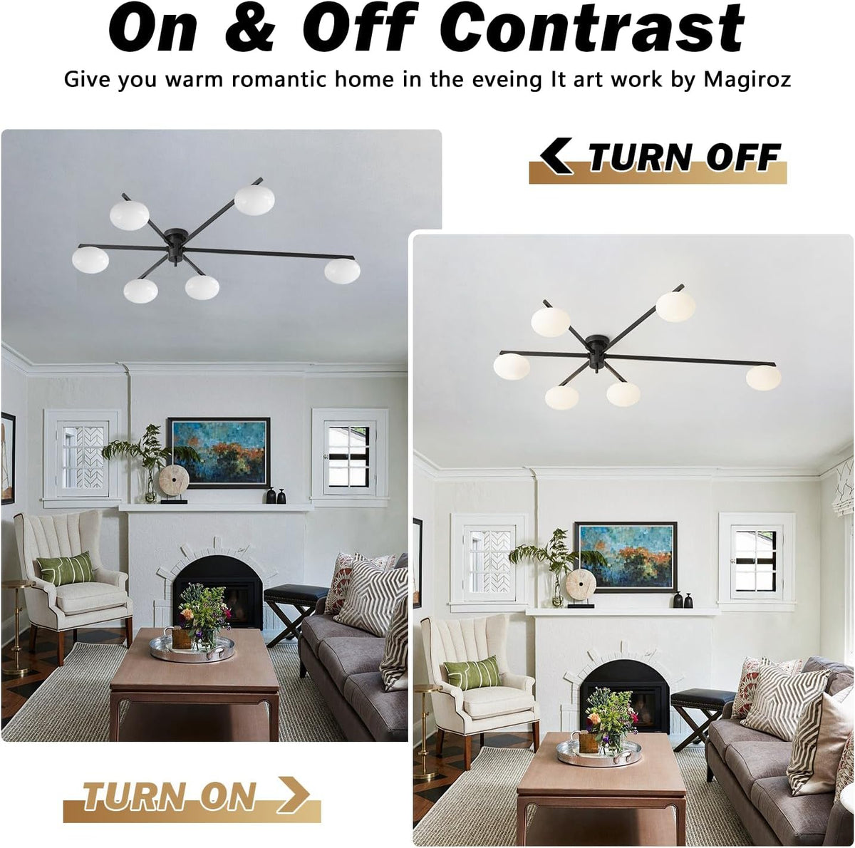 6-Light Mid Century Semi Flush Mount Black Matte Sputnik Chandelier Fixtures with Milk Glass Shade