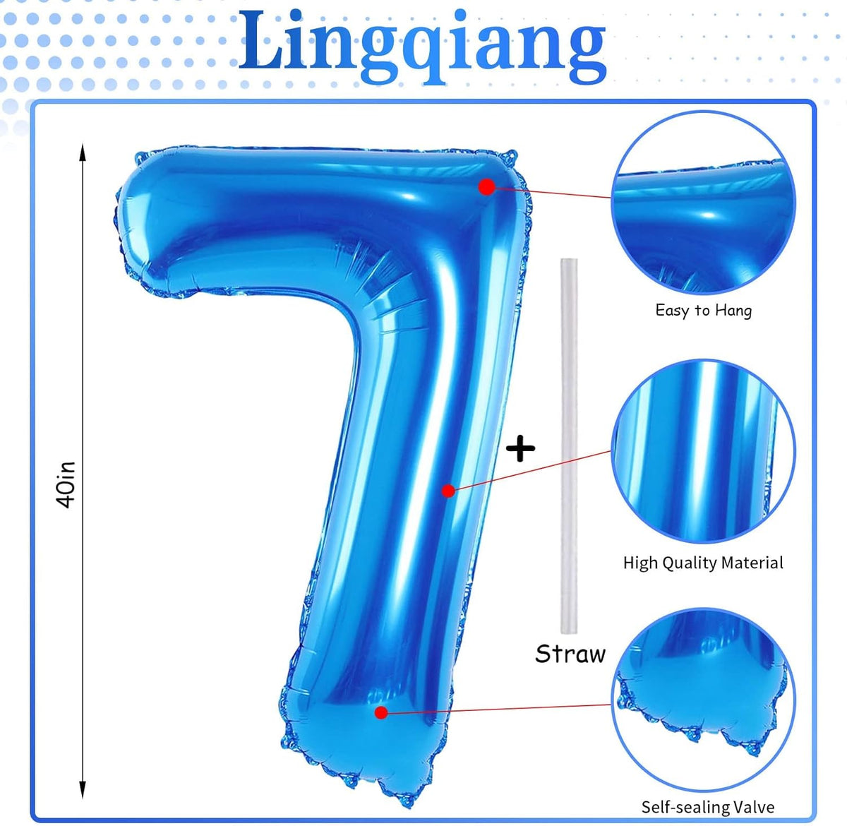 40" Blue Number 7 Balloon for Boys, Large Self Inflating Foil Number Balloons Set 0-9, Digital