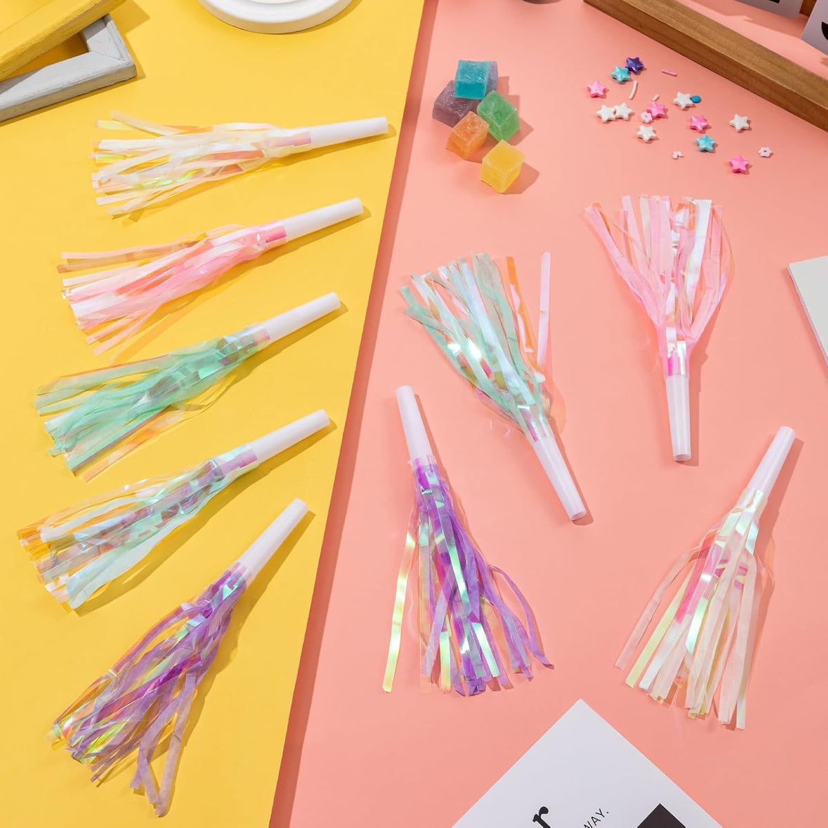 24 pcs Party Blowers, Noise Makers Glitter Metallic Fringed Party Horns for Birthday Blow Horns