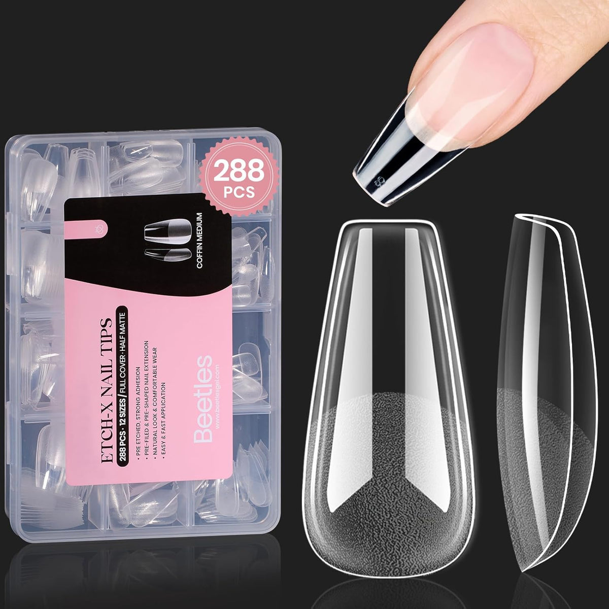 Beetles Gel Nail Tips Medium Coffin Etch X Nail Tips, 12 Sizes 288Pcs Pre Shaped Half Matte Press