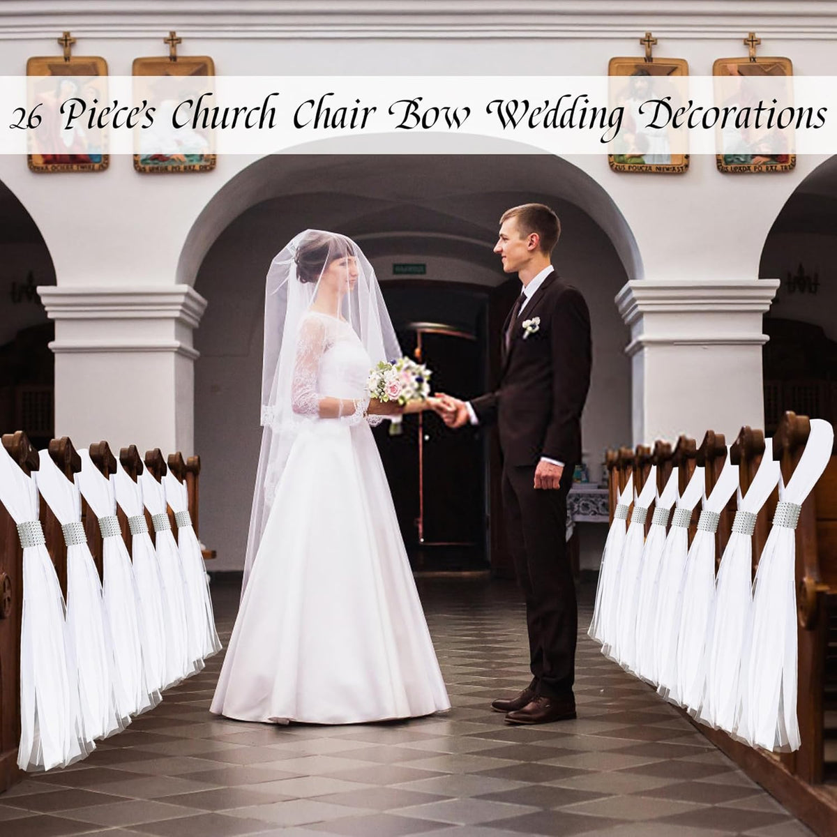 26 Sets Large White Pew Bows Tulle Wedding Aisle Chair Decorations, Extended Church Pew Decor Aisle