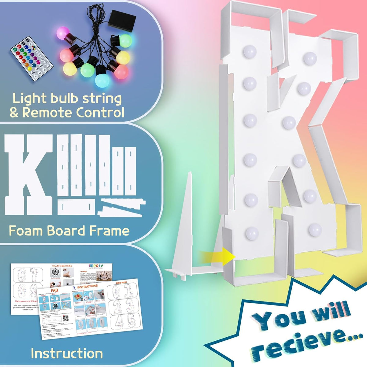 imprsv 4FT Colorful Marquee Light Up Letters K, 18 Colors Large Light up Letters Alphabet Sign with