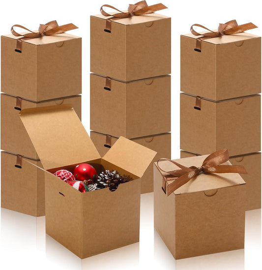 DOYIDE Small Gift Boxes, 20 Pack 5x5x5 Inch Brown Elegant Paper Boxes with Ribbons, Crafting
