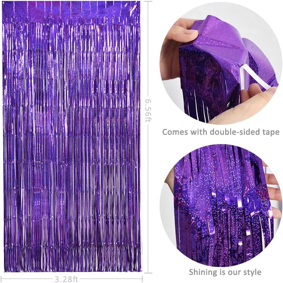 TONIFUL 3Pcs Laser Purple Door Streamers,Laser Purple Photo Booth Backdrop Metallic Streamers Foil