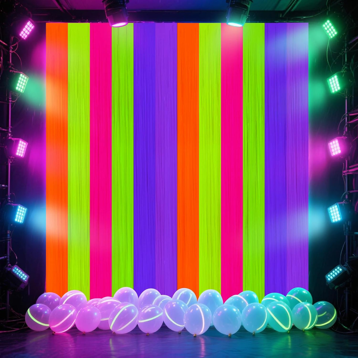 CANREVEL Glow in The Dark Party Supplies, 2 Pack 3.3x6.6 Feet Fluorescent Macaron Rainbow Foil