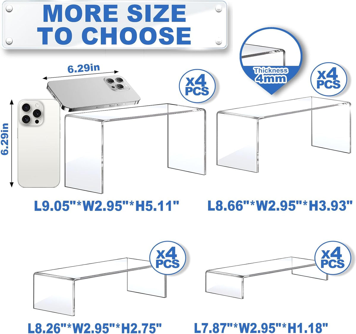 Aheroi Display Risers, 16 Pcs 4 Set(7”L~8”L~9”L) Acrylic Riser Display Shelf, Clear Risers Display