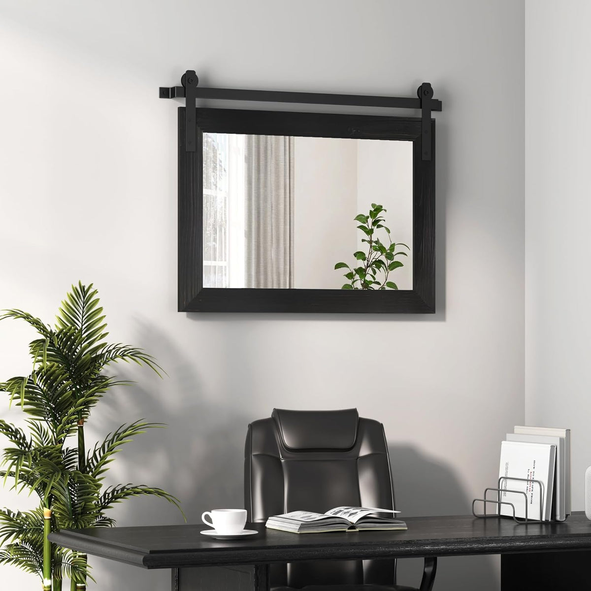 COGOOD Farmhouse Barn Door Mirror - 25" x 18" Rustic Wood Framed Decrative Mirror for Bathroom