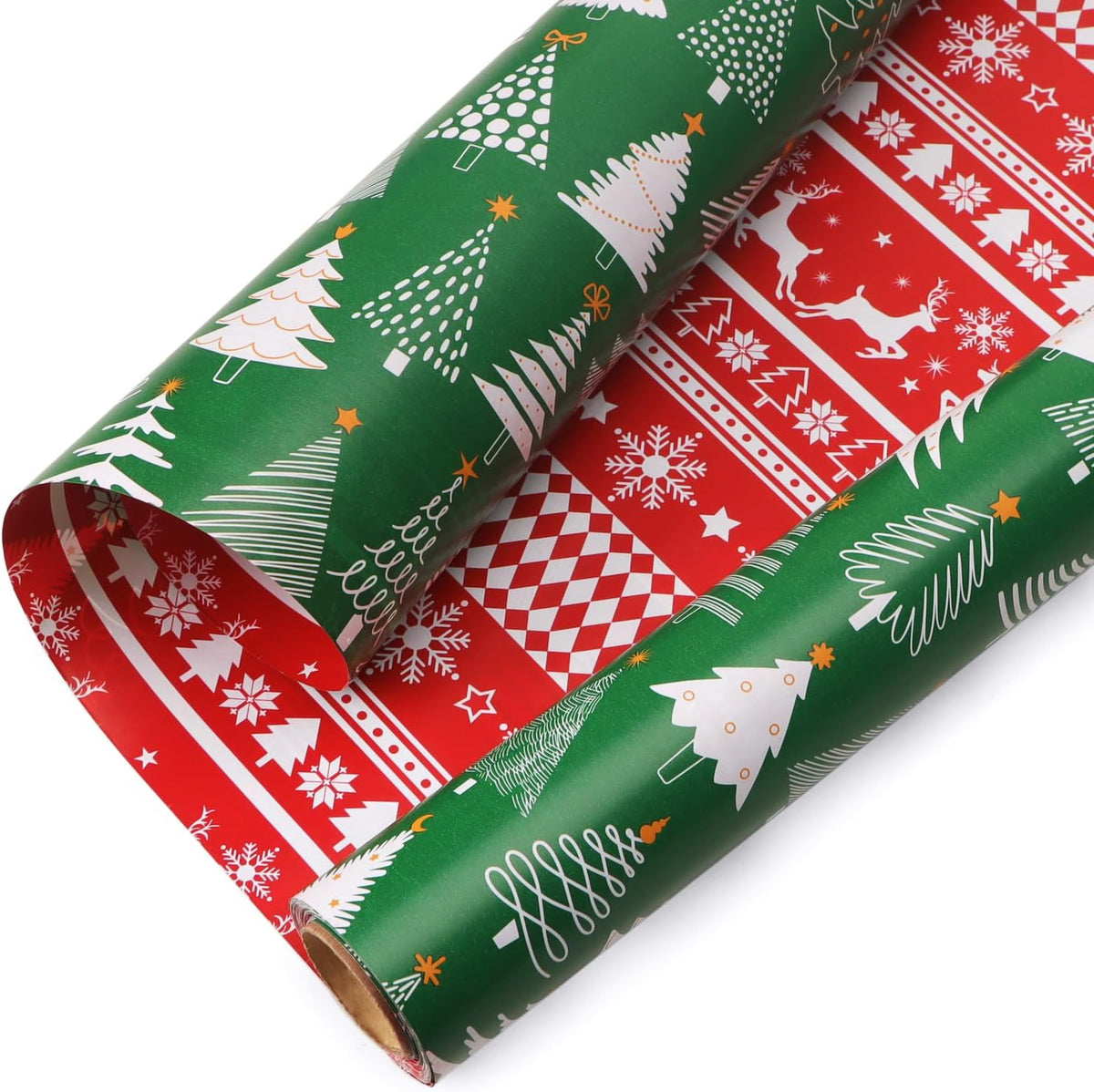 Ribbli Christmas Wrapping Paper Reversible Green Christmas Tree and Red Reindeer Gift Wrapping