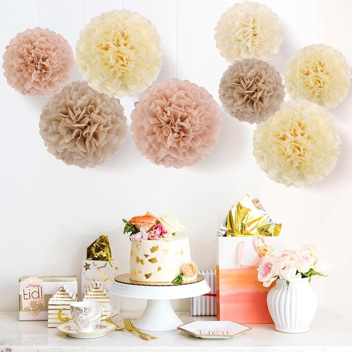 EASY JOY Boho Tissue Pom Poms Paper Flowers Hanging Decorations Brown Beige Party Decor for Bridal