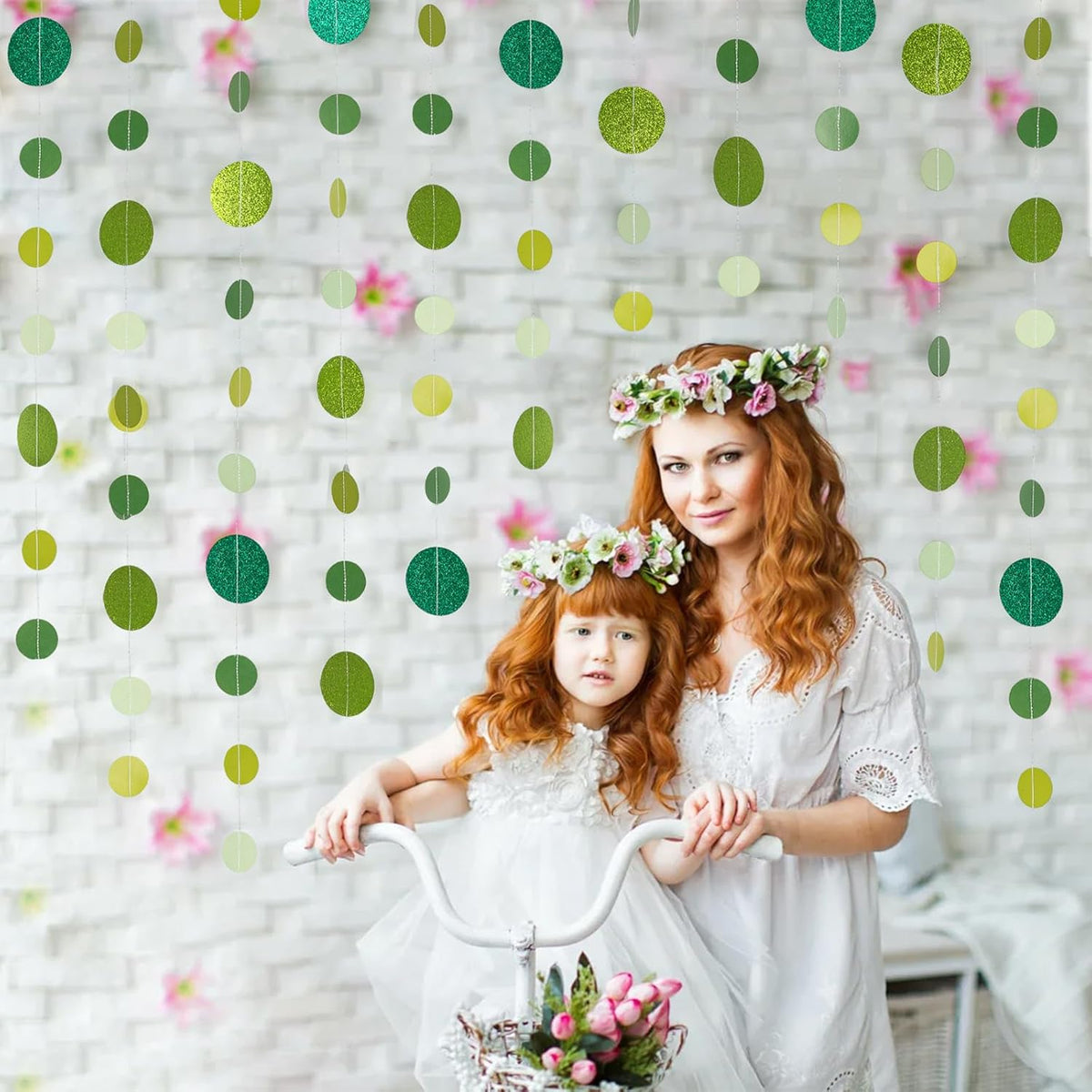 8 Pack Green Glitter Dot Garland, Hanging Circle Streamers Banner, Backdrop Hanging Decorations for