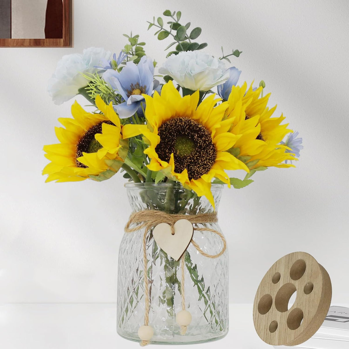 Leftover Faux Flowers in vase,Table centerpieces for Dining Room,Blue-Yellow Sunflower Flower