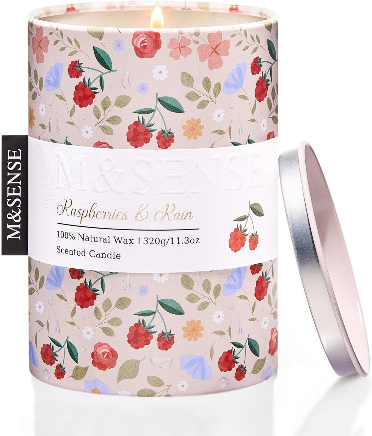 M&SENSE Raspberries Rain Scented Candle, Medium Jar Candle 11.3oz Natural Soy Wax for Home Scented