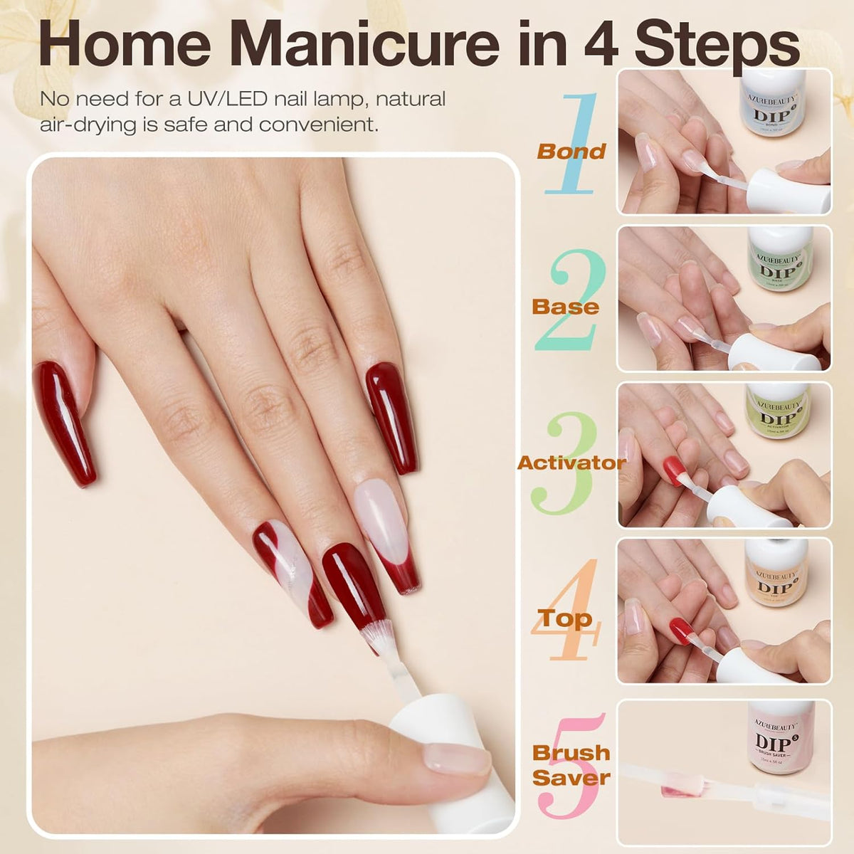 AZUREBEAUTY 5 Pcs Dip Powder Liquid Set - 15ml/0.5oz Large Capacity Dip Base Coat, Top Coat, Bond