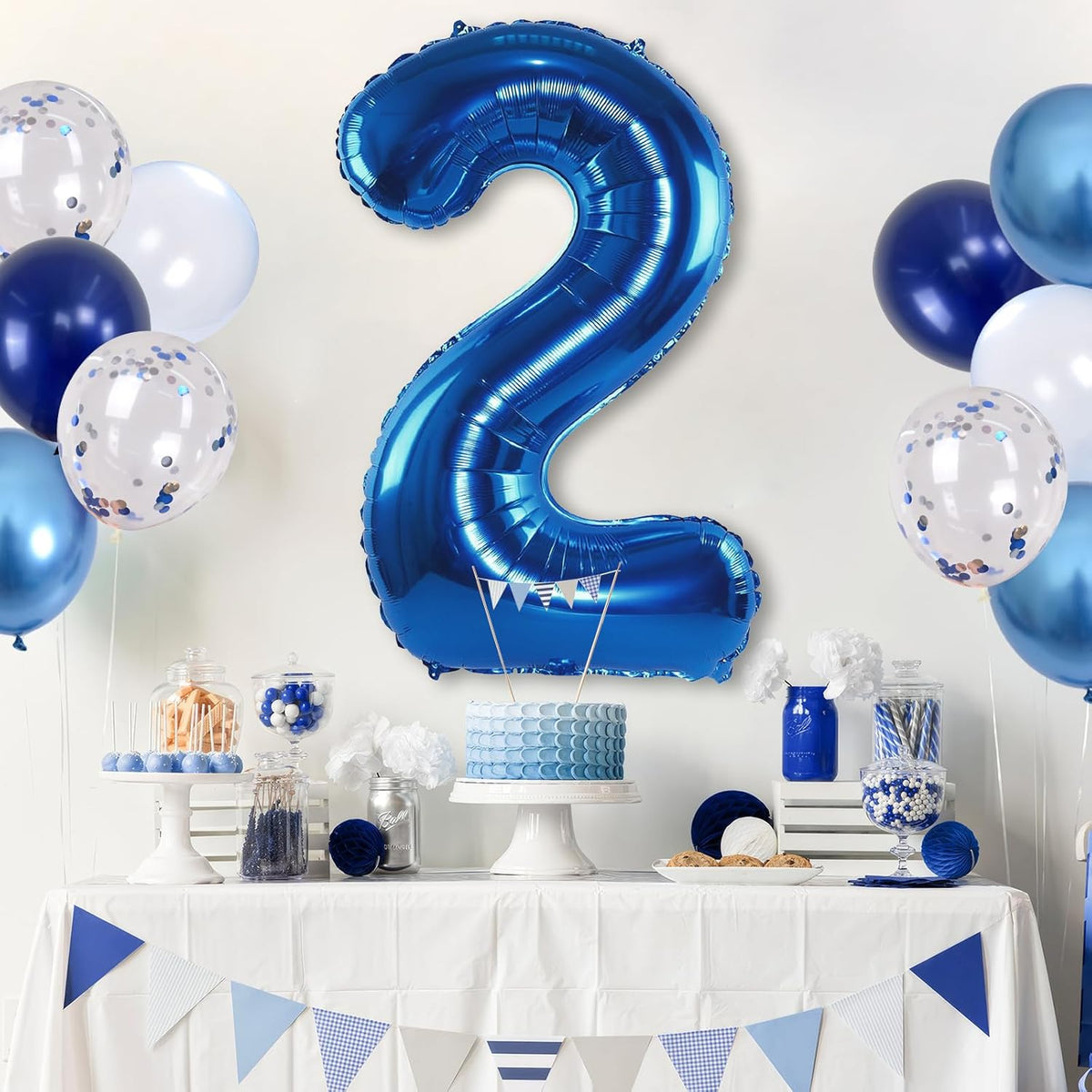 Foil Number Balloons - 2nd Birthday, Pastel Helium Balloons, 40 inch, Navy, Dark Blue, Silver