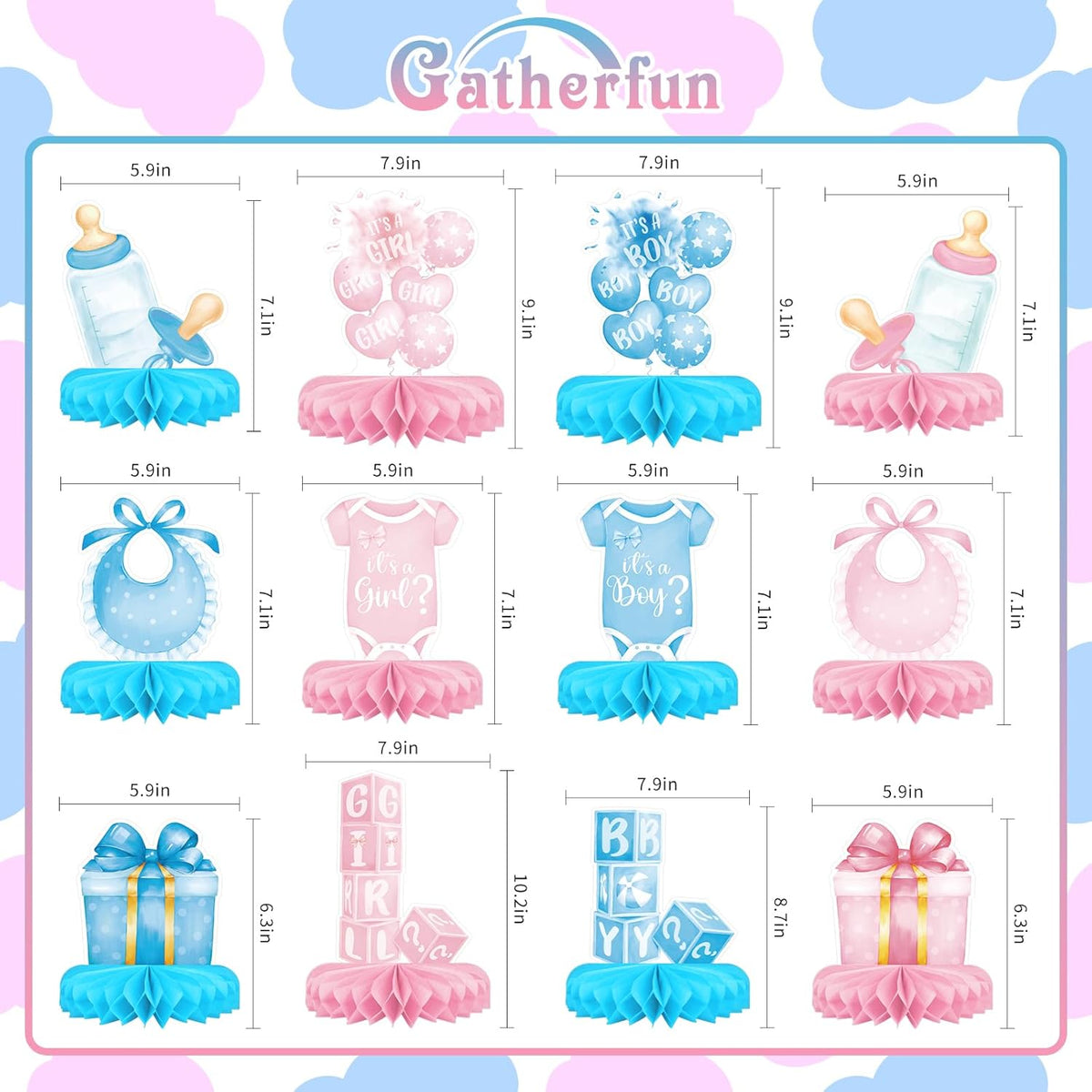 Gender Reveal Decoration Set - Includes Baby Reveal Table Decorations with Honeycomb Centerpiece