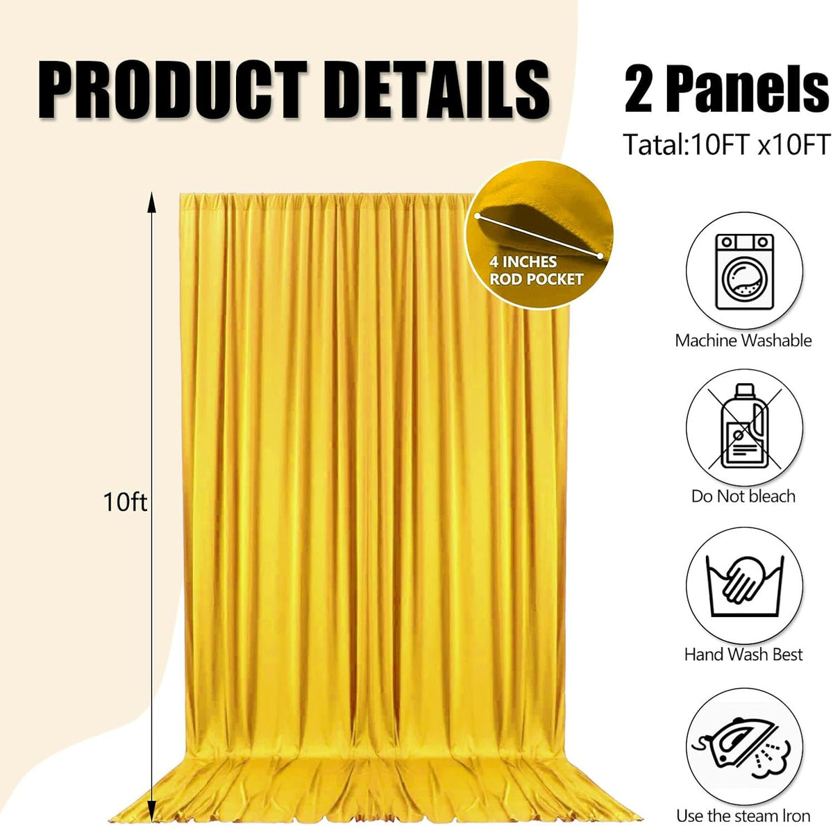 10ft x 10ft Yellow Backdrop Curtains for Parties, Fabric Satin Background Curtain with Rod Pockets