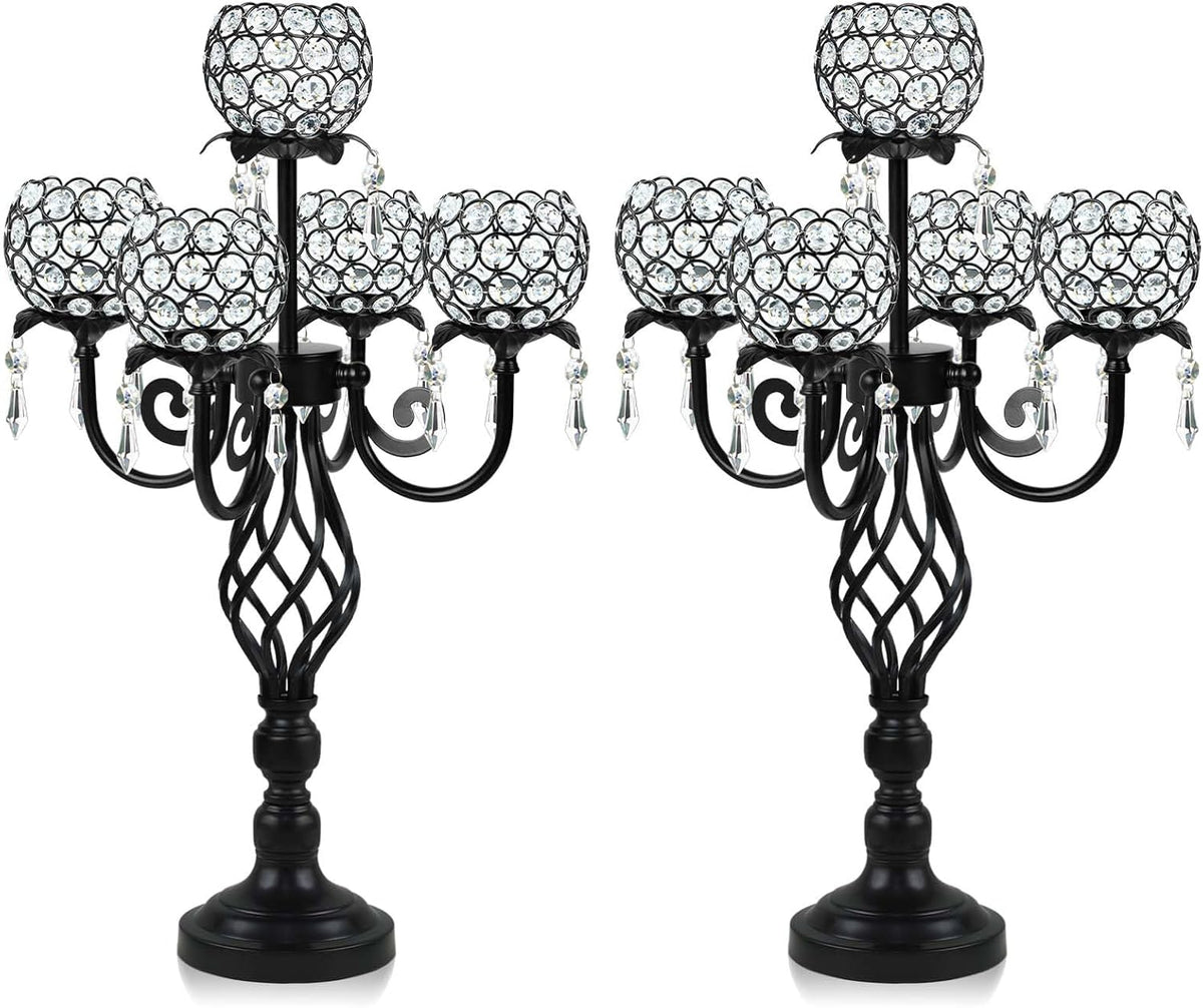 5-Arm Crystal Candelabra Centerpiece 23.2" Tall - Elegant Candle Holder Stand with Crystal Bowl