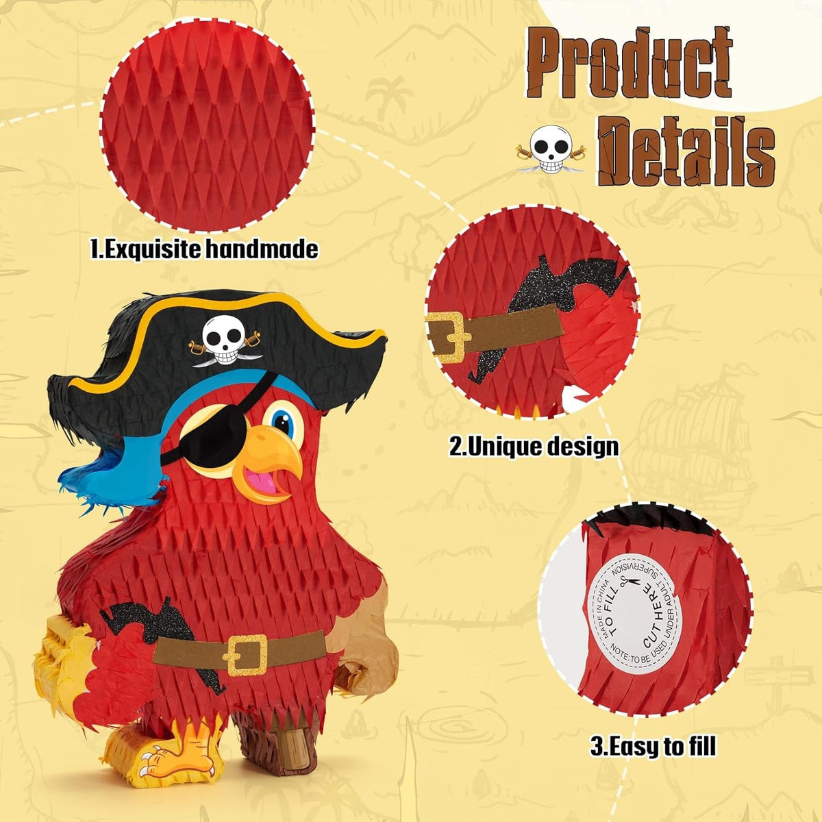 Wernnsai Pirate Piñata - Pirate Parrot Piñata with Blindfold and Bat for Boys' Birthday Party
