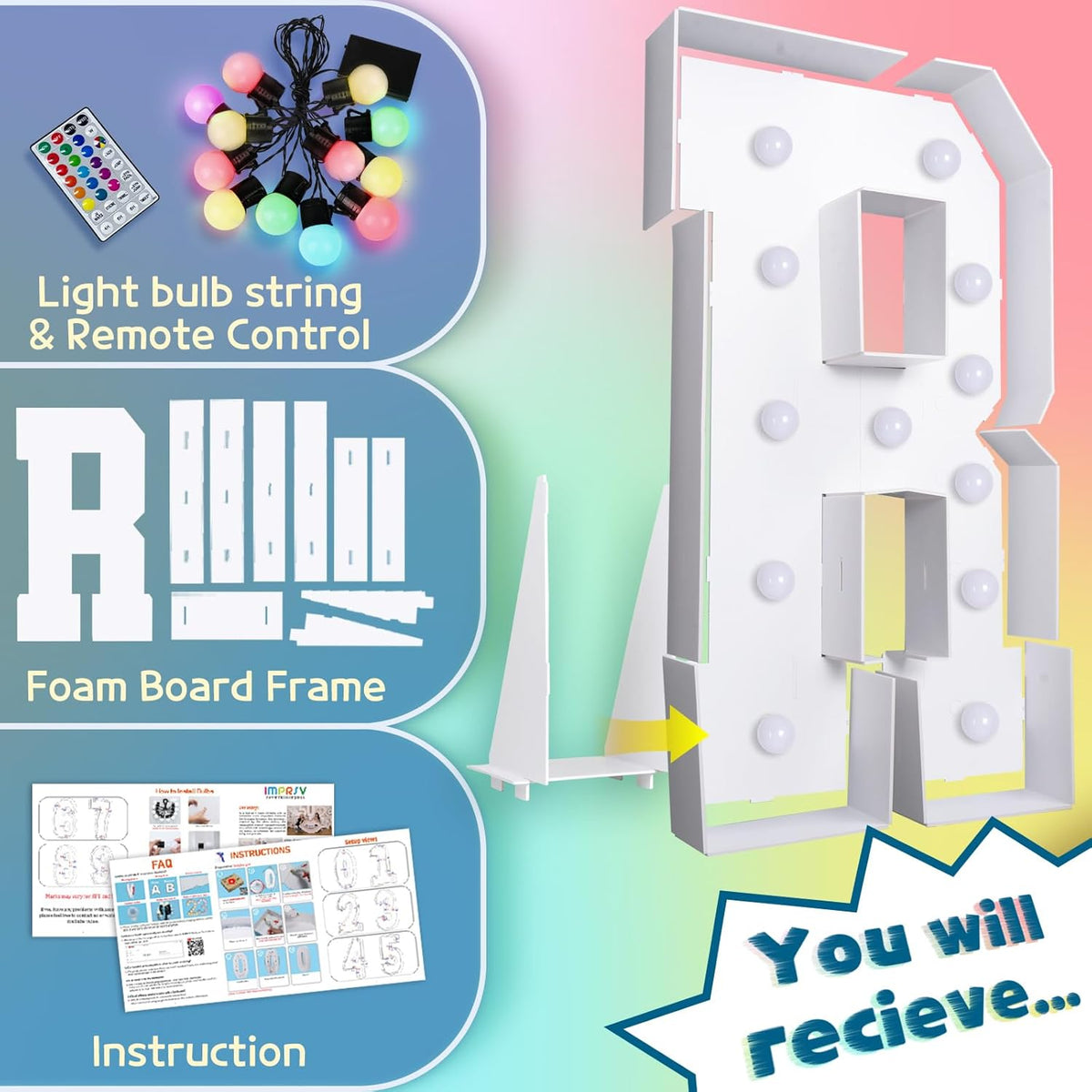 imprsv 4FT Colorful Marquee Light Up Letters R, 18 Colors Light Up Letters Alphabet Sign with