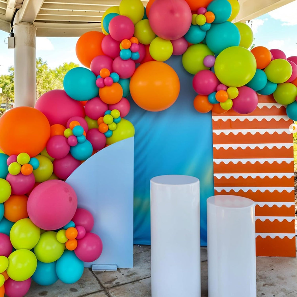 Tropical Balloons, 12 Inch Teal Metallic Gold Orange Pink Hot Fruit Green Balloons with Palm Leaves