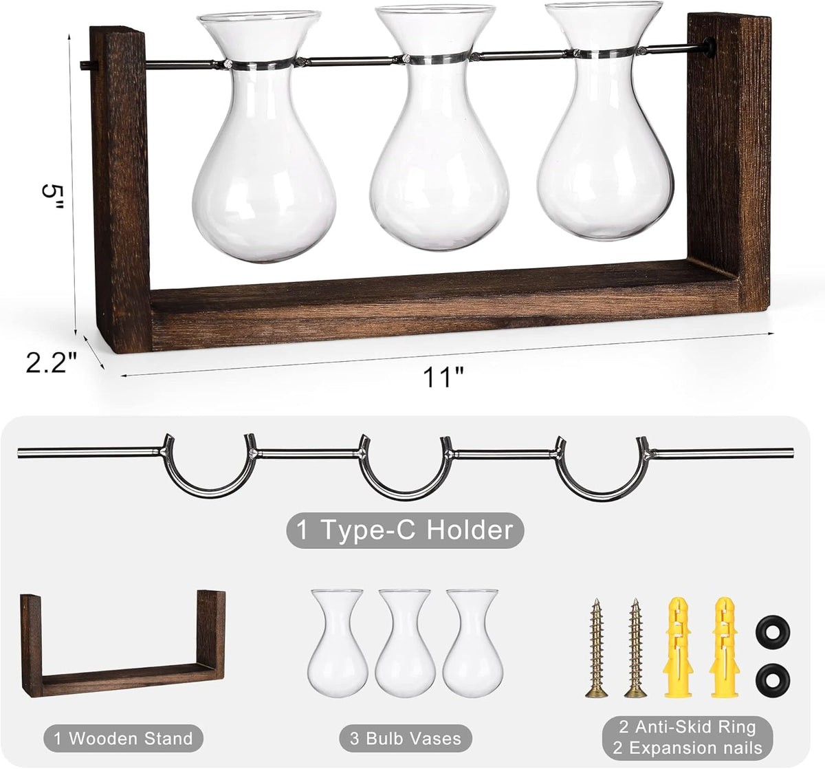 YIBOT Wall Hanging Planter Propagation Station, Plant Terrarium with Wooden Stand, Hydroponics