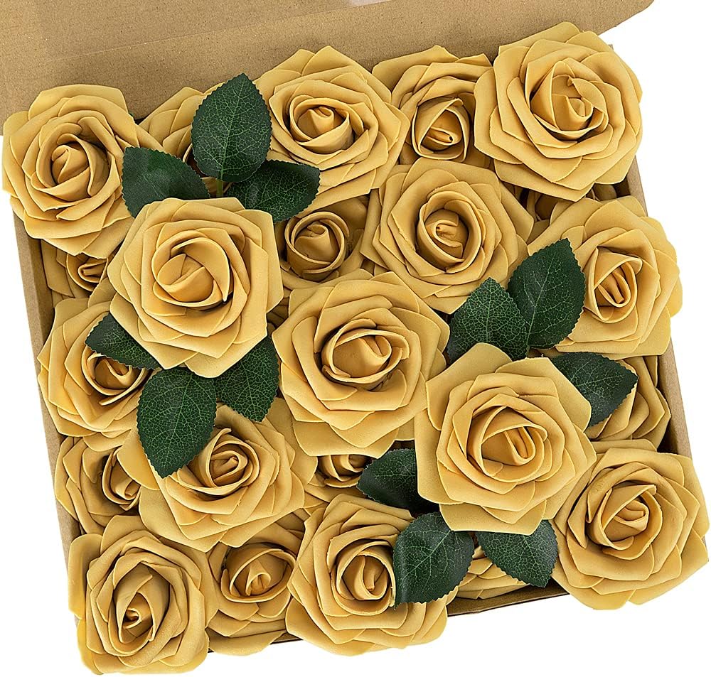 N&T NIETING Artificial Rose Flowers, 25pcs Fake Flowers Fall Yellow Rose DIY for Wedding Bridesmaid