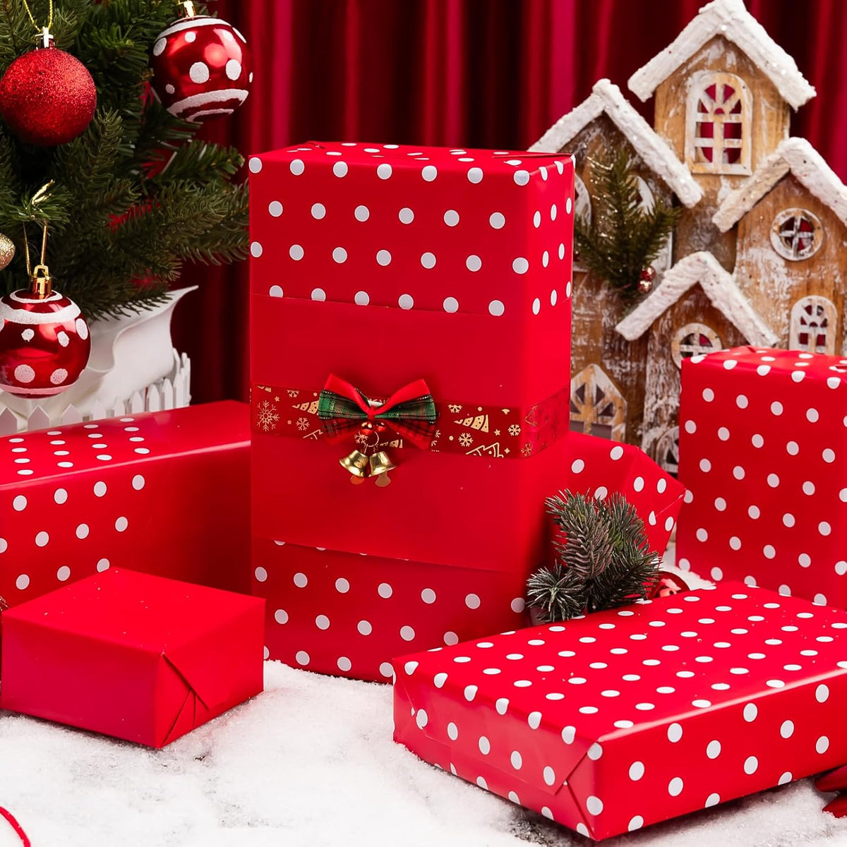 Flyhill Red Wrapping Paper,Reversible Gift Wrap Paper with Polka Dot Design for