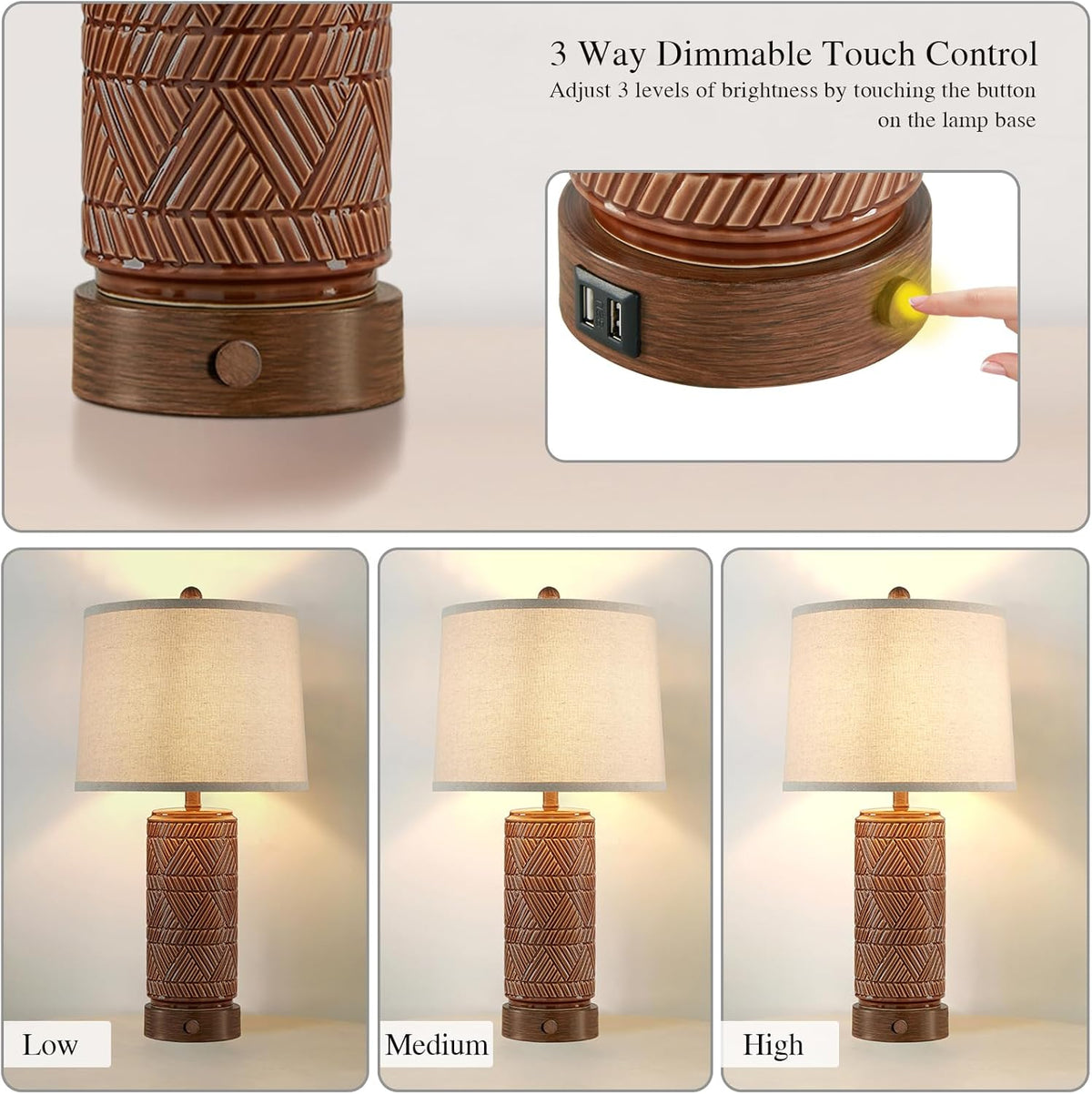 RORIA Set of 2 Vintage Touch Table Lamps for Living Room, 3 Way Dimmable Nightstand Lamp with 2 USB