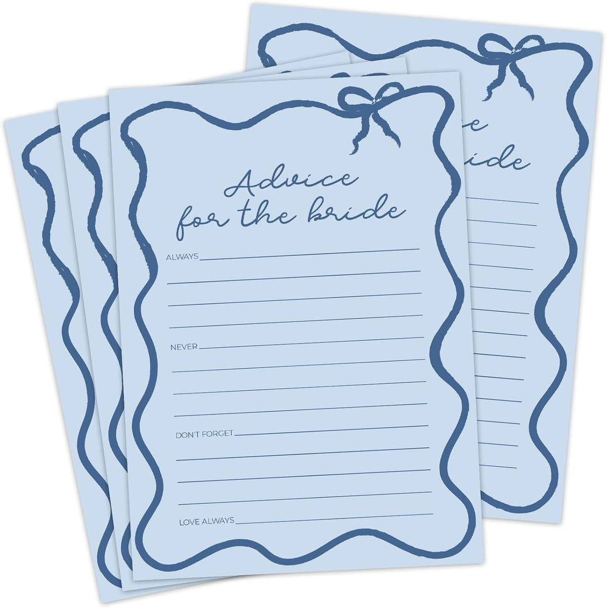 DEEKA 30 PCS Bridal Shower Games Card for 30 Guests Blue Wavy Border Ribbon Bow Funny Wedding