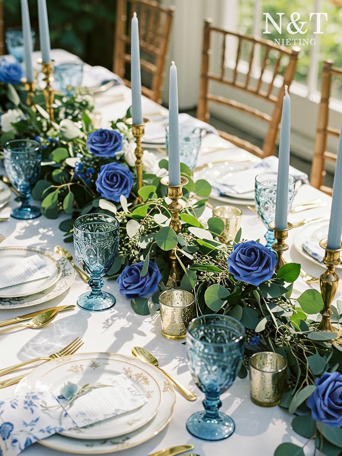 N&T NIETING Artificial Flowers Navy Blue Roses 50Pcs Fake Flowers Foam Roses with Stems for DIY