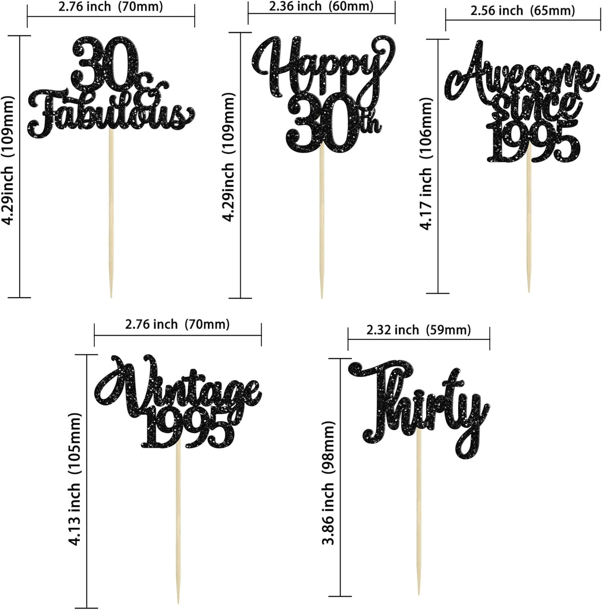 30Pcs Happy 30th Birthday Cupcake Toppers Glitter Thirty Vintage 1995 Cupcake Picks Cheers to 30