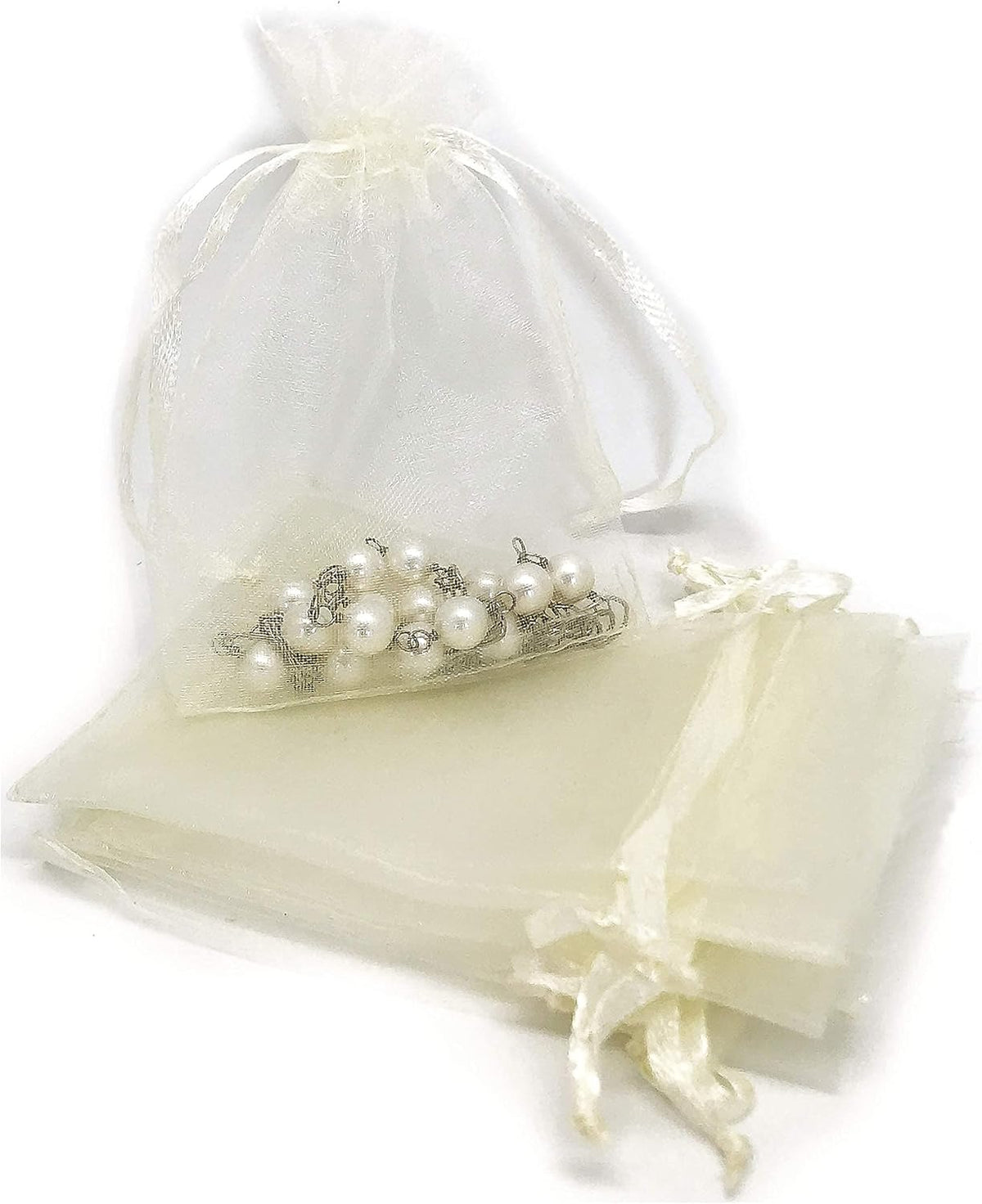 TheDisplayGuys 100-Pack 4x6 Cream/Beige Sheer Organza Gift Bags with Drawstring, Jewelry Candy