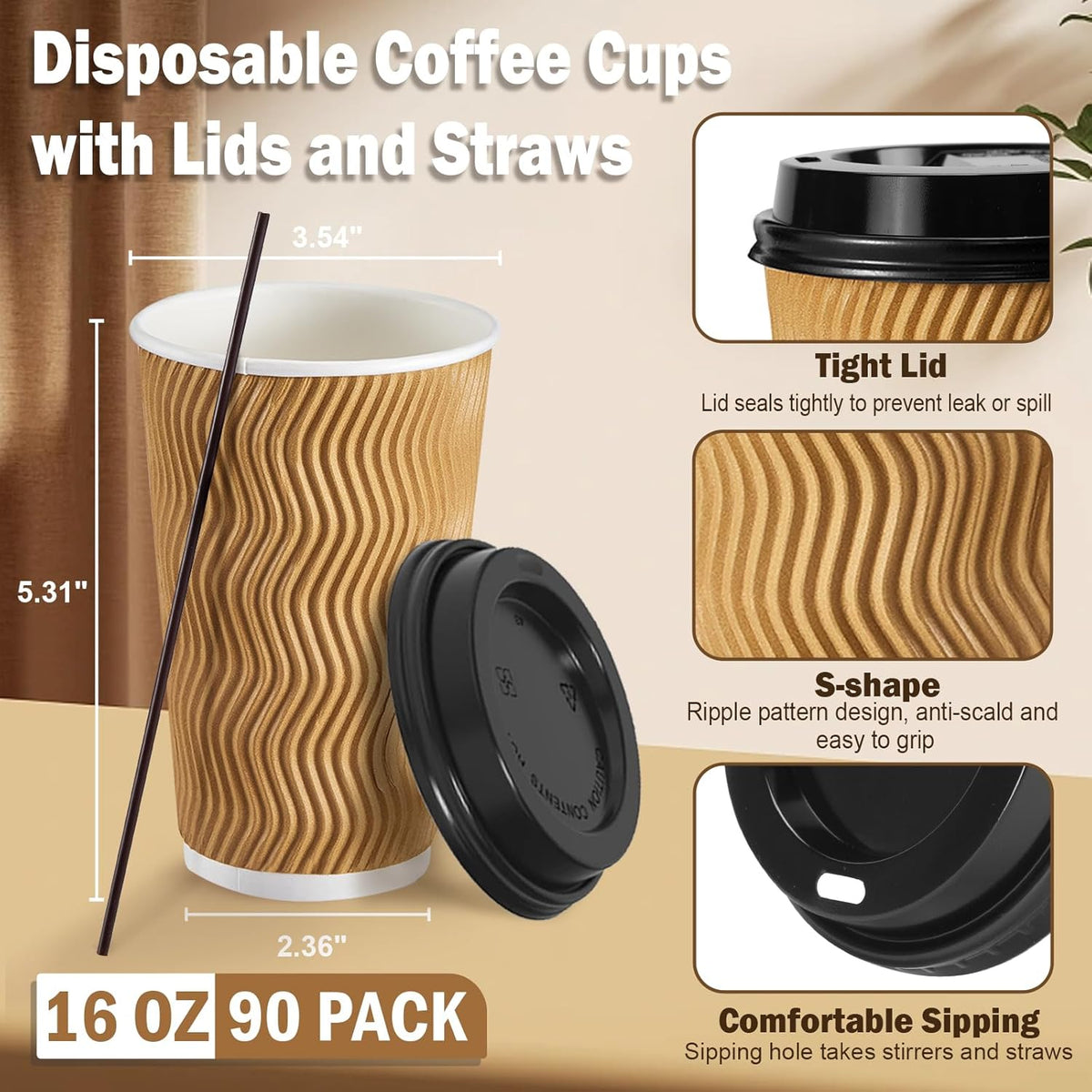 SIUQ 16 oz Coffee Cups-90 Pack Disposable Coffee Cups with Lids and Straws, Insulated Ripple Wall