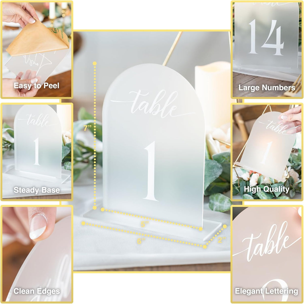 Frosted Arch Acrylic Table Numbers for Wedding Reception - 5" x 7" White Font Centerpiece Set with
