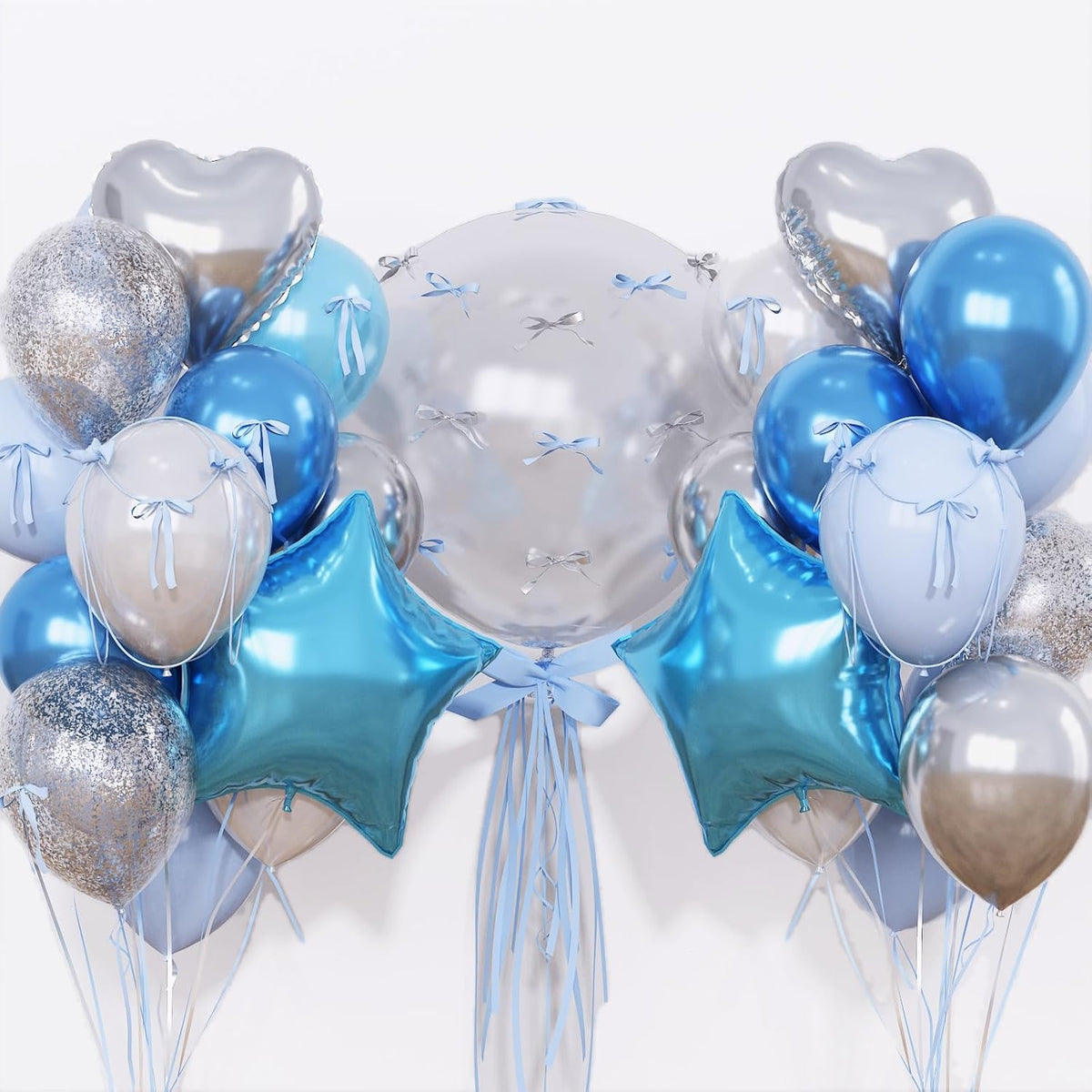 Blue and Silver Balloons Heart Star Mylar Balloons, Happy Birthday Decorations for Men Women