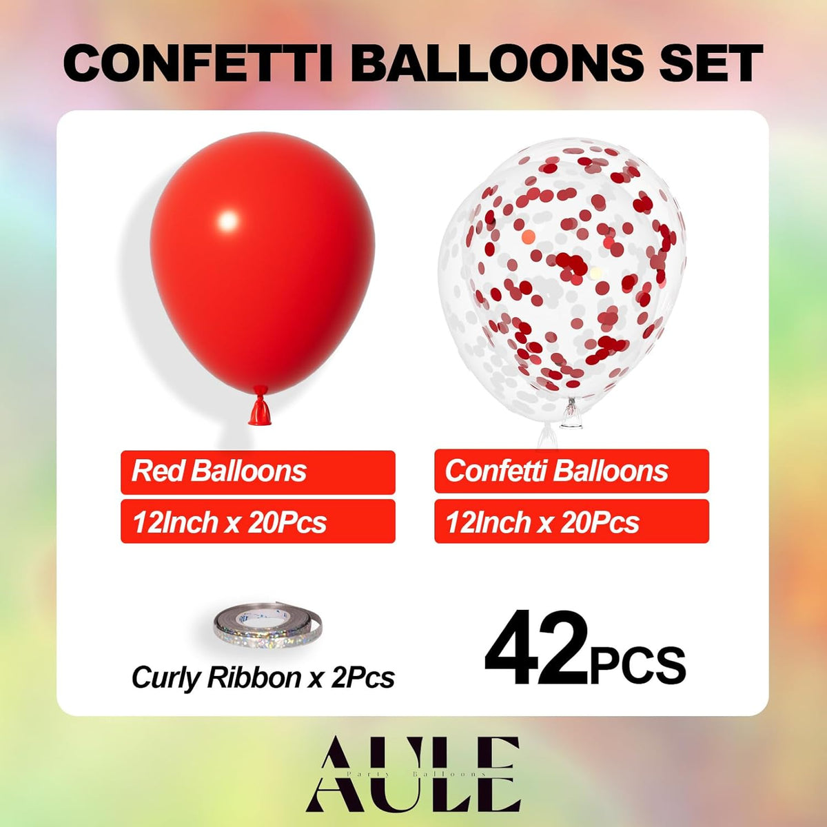 AULE Party Balloons Pack of 42-12in Red Confetti Balloons & Red Latex Balloons and 64ft Ribbons