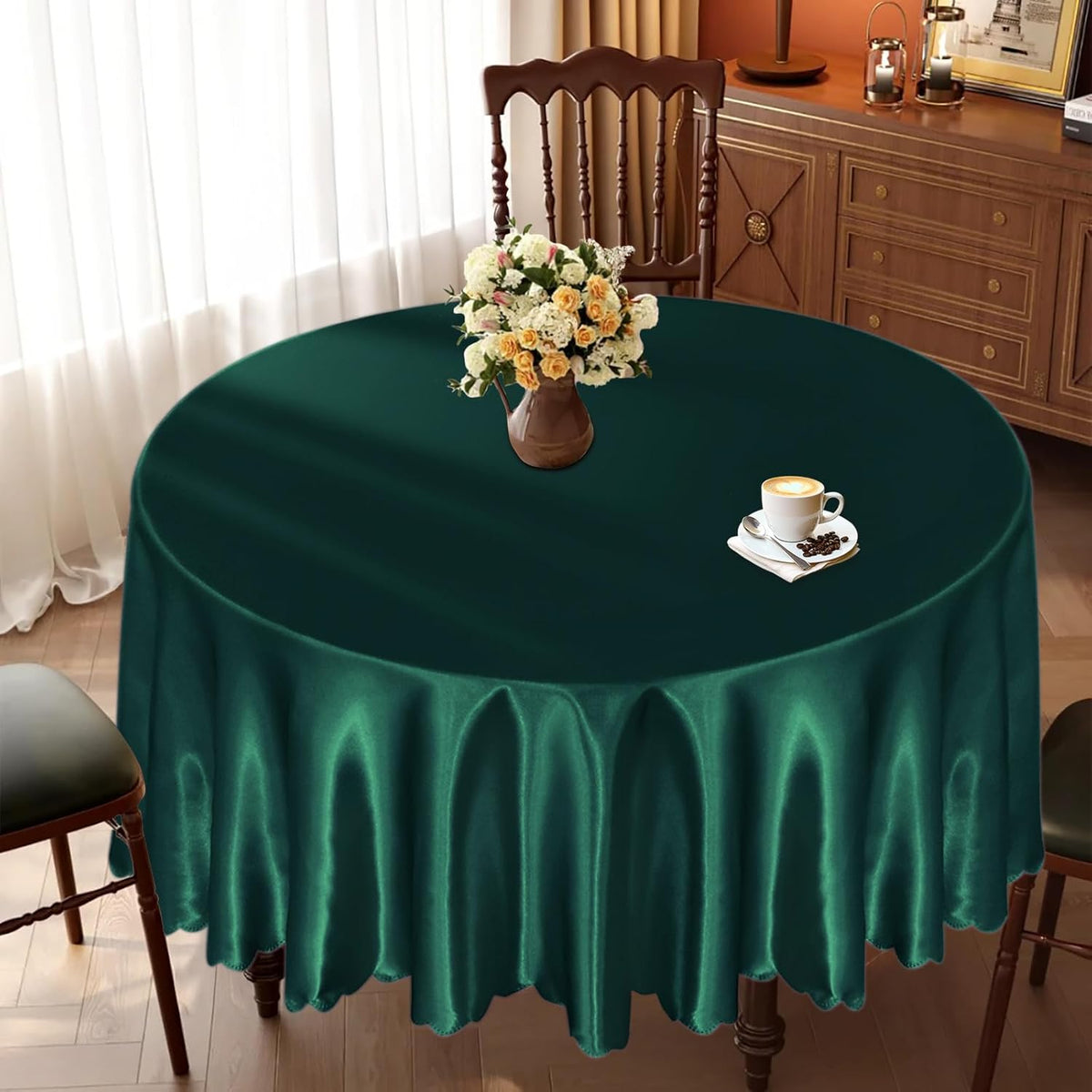 KKJIAF 1 Pack 108 Inch Round Table Cloth, Hunter Green Overlay Round Satin Table Cover, Silky Satin