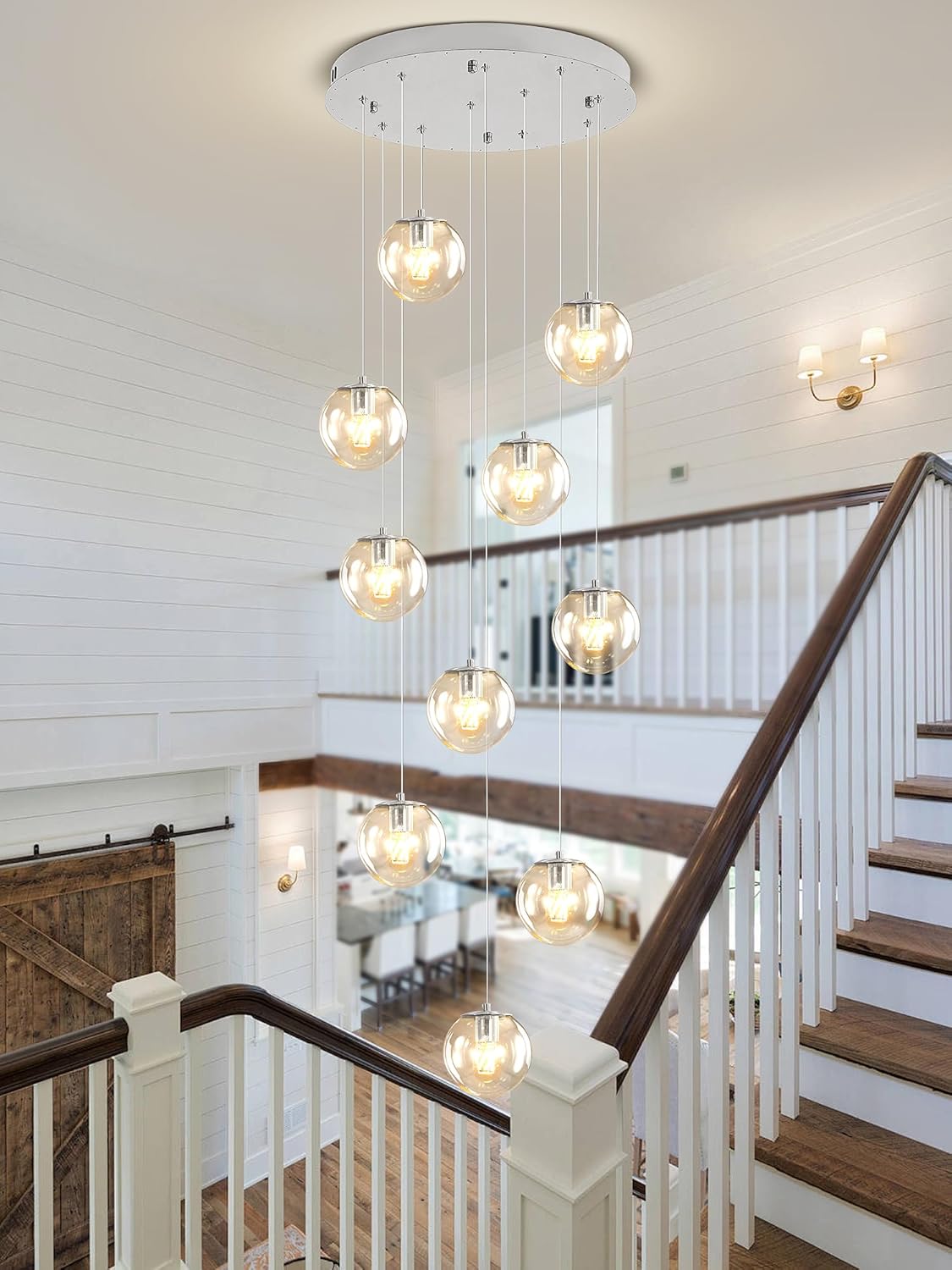 H118 Staircase Chandelier for Entryway Modern Globe Chandelier 12-Lights Glass Globe Pendant Light