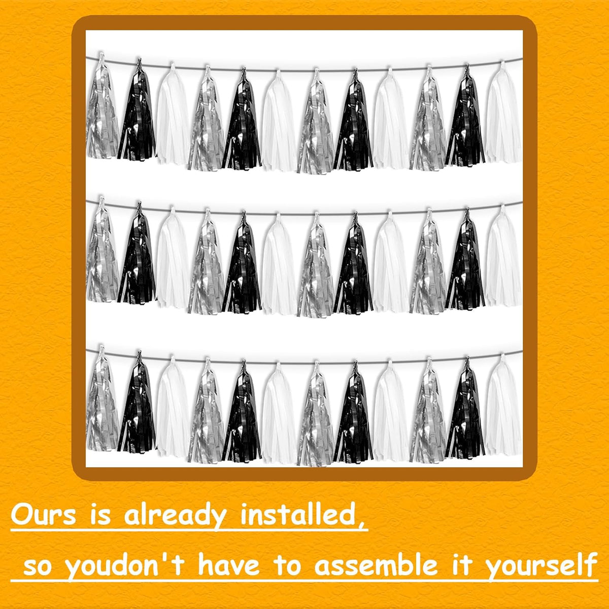 3P Black Silver White Metallic Fringe Tassel Banner Garland Foil Tinsel Streamer Wall Hanging