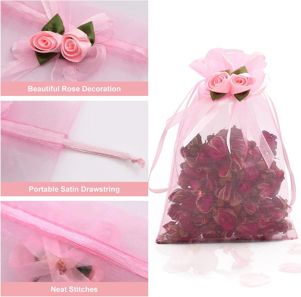 SumDirect Rose Organza Gift Bags - 50Pcs 4x6 inch Pink Wedding Favor Gift Bags, Jewelry Pouches